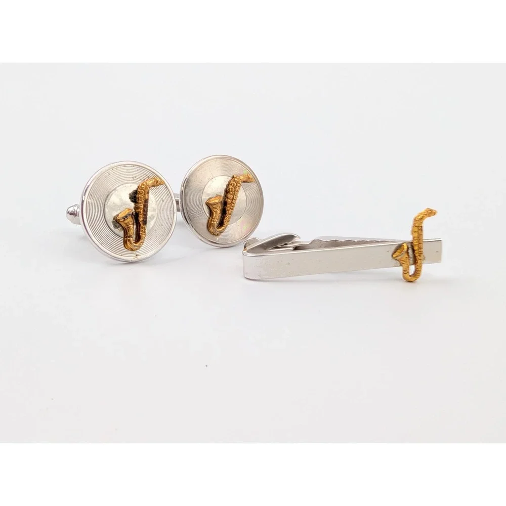 VTG 1950s Shields Saxophone Cufflinks & Tie Clip Set Jazz Musician Novelty